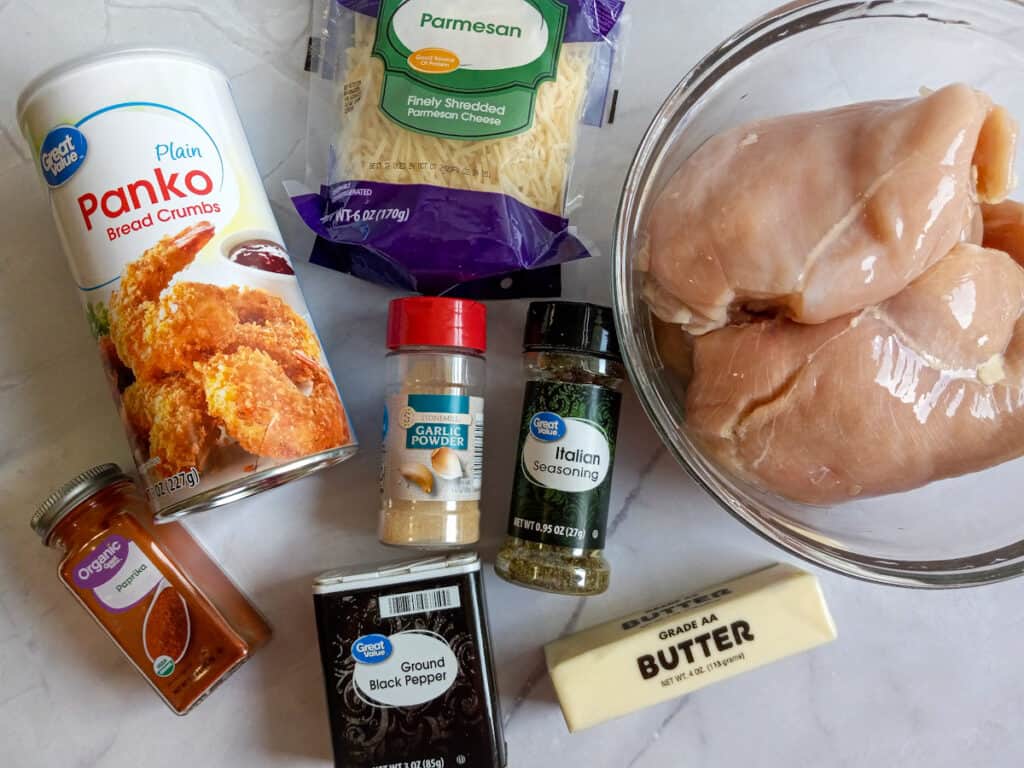Ingredients: chicken, parmesan cheese, bread crumbs, butter, and seasonings
