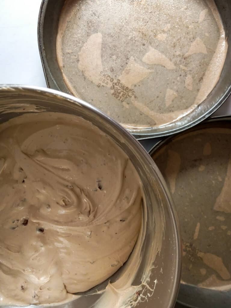 cake batter and two prepared pans.