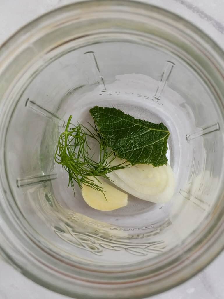 quart jar with onion slice, garlic, dill, and part of a grape leaf