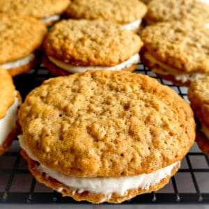 Amish oatmeal whoopie pies on a wire cooling rack