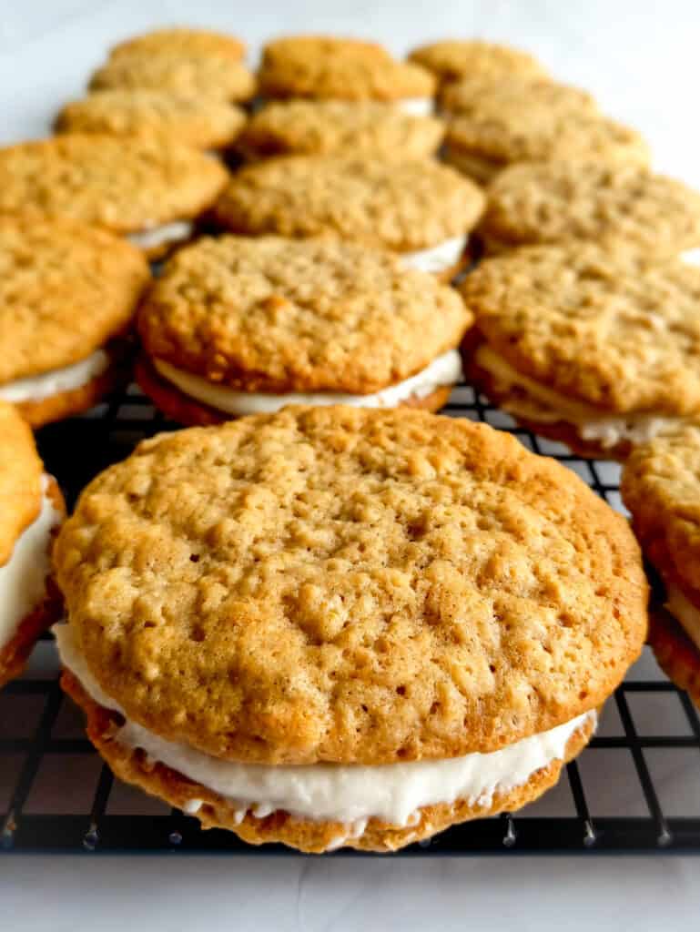 oatmeal whoopie pies on a cooling rack