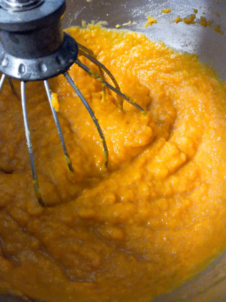mashed sweet potato mixture in mixing bowl.
