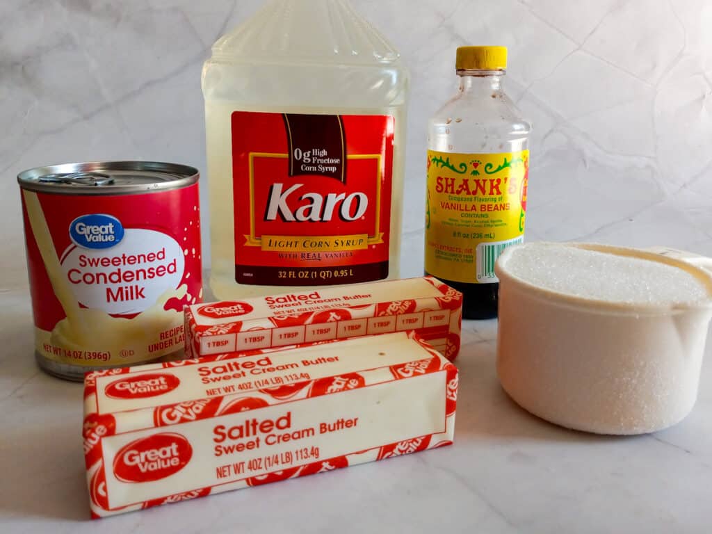 Ingredients: butter, sugar, Karo, sweetened condensed milk, and vanilla.