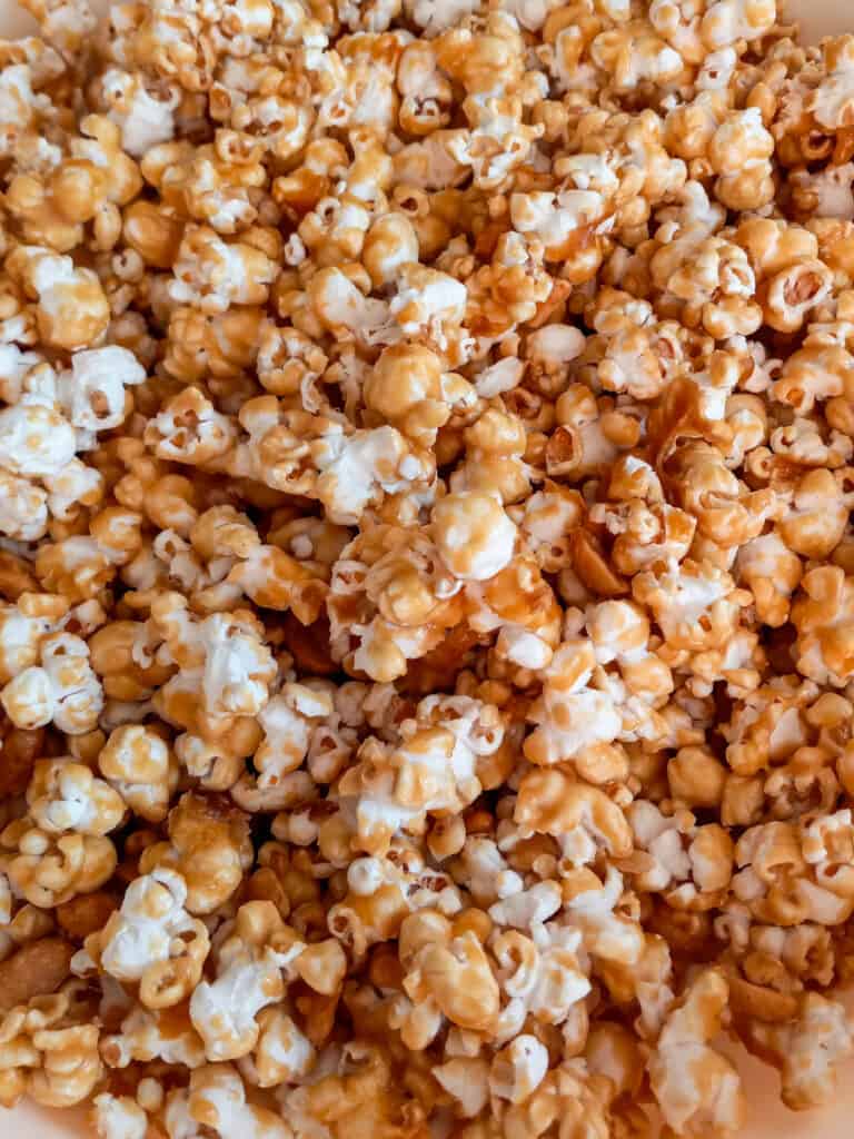 closeup photo of amish caramel popcorn.
