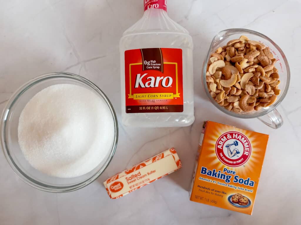 Ingredients: Karo, sugar, baking soda, butter, and cashews.
