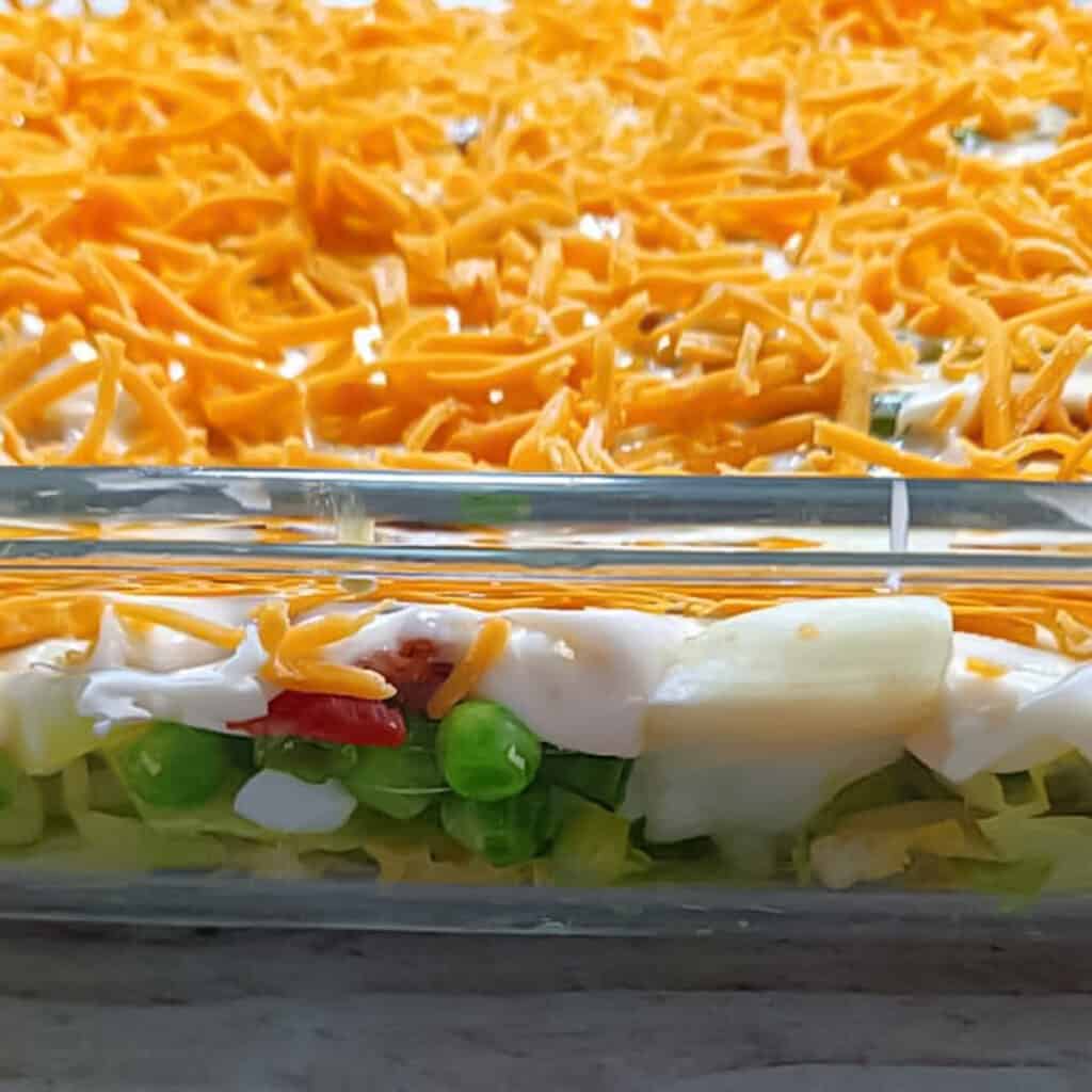 seven-layer lettuce salad in a 9x13 dish.