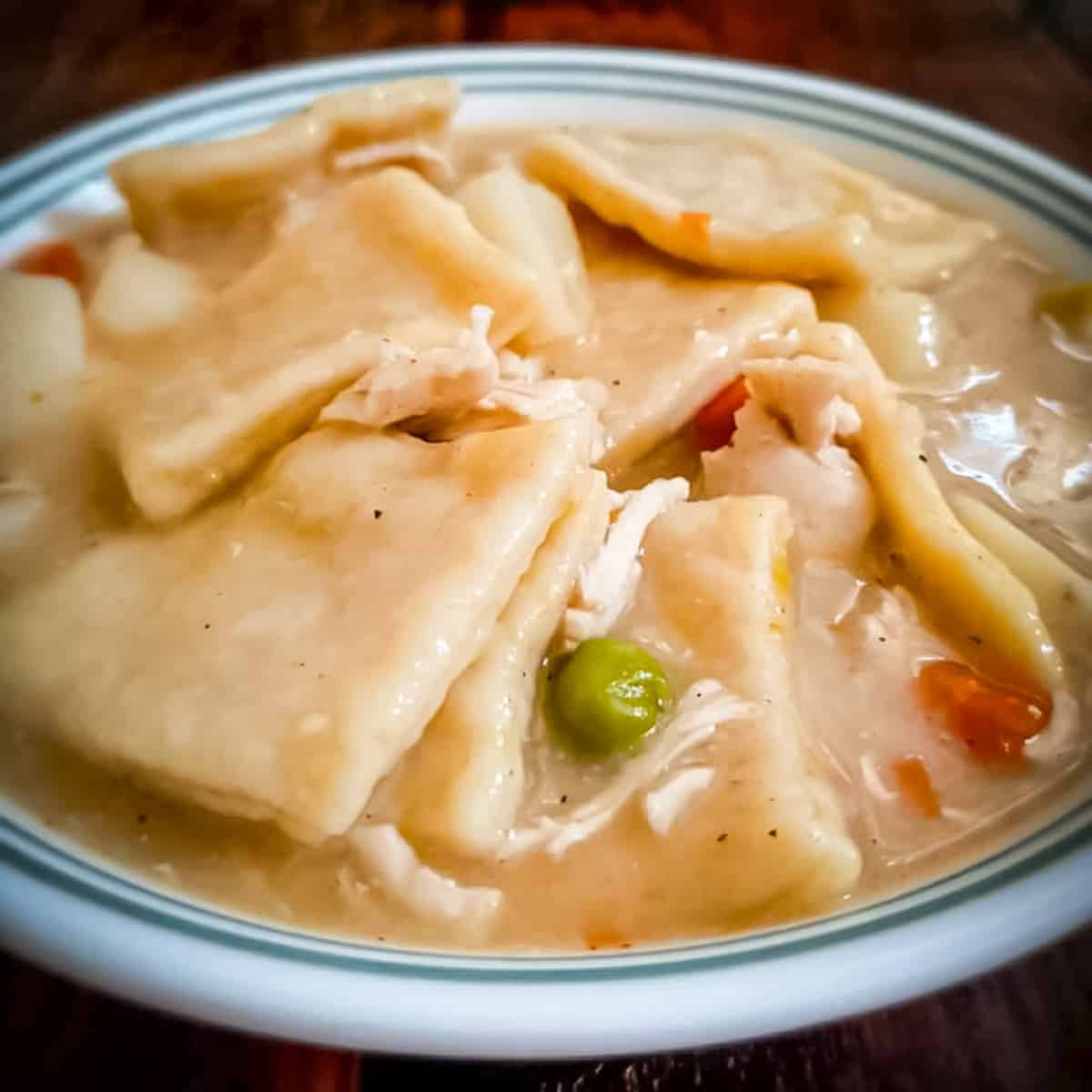 a bowl of PA Dutch chicken pot pie with homemade noodles.