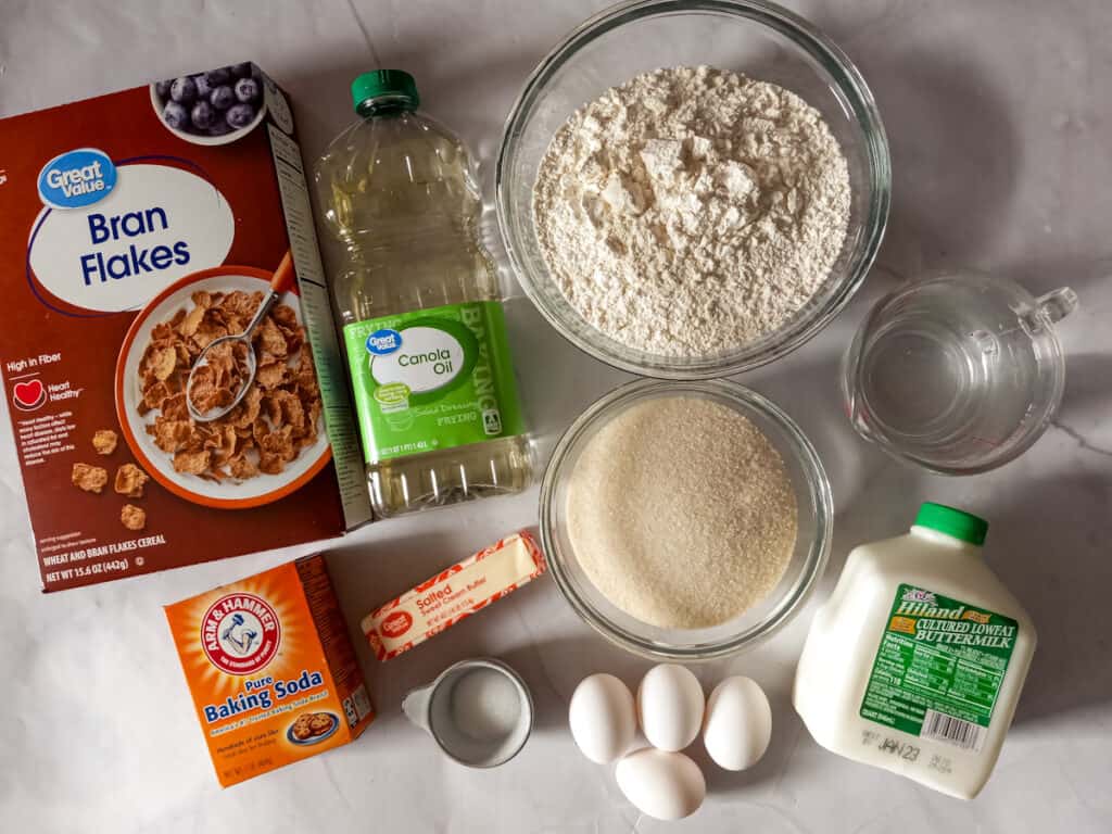Ingredients: Bran flakes, oil, butter, flour, sugar, water, buttermilk, eggs, soda, and salt.