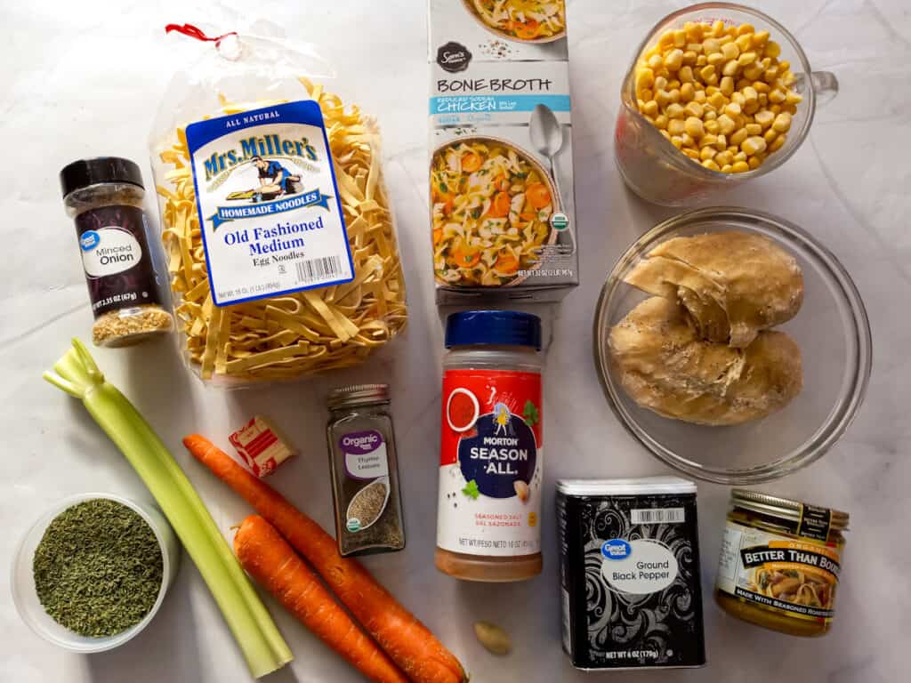 Ingredients: noodles, broth, chicken, corn, carrots, celery, and seasonings.