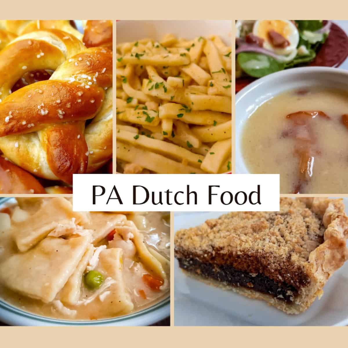 Pennsylvania Dutch foods: chicken pot pie, shoofly pie. buttered noodles, soft pretzels, and bacon dressing.