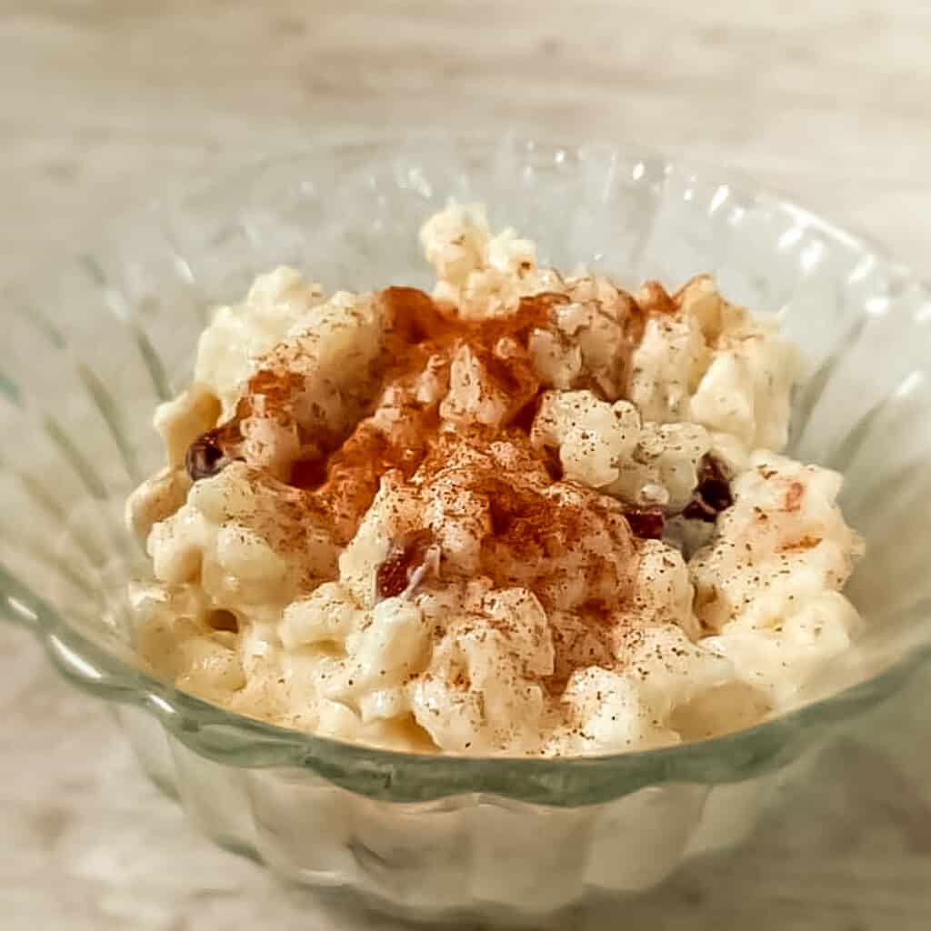 a bowl of Pennsylvania Dutch rice pudding sprinkled with cinnamon.