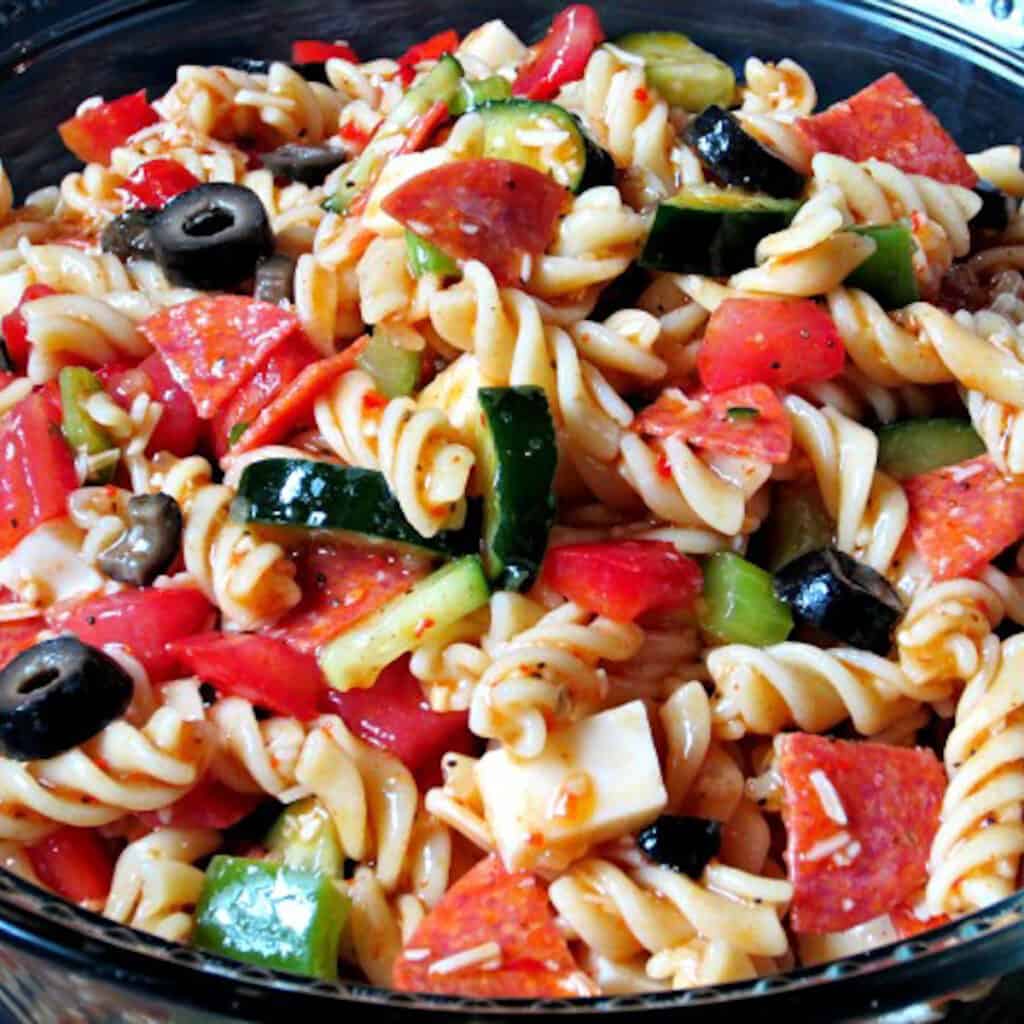 a bowl of colorful pasta salad.