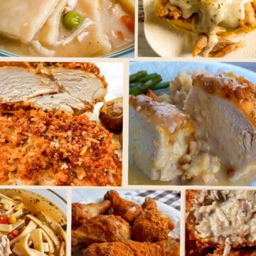 Amish chicken recipes featured: baked chicken dishes, chicken pot pie, chicken and stuffing, and chicken soup.