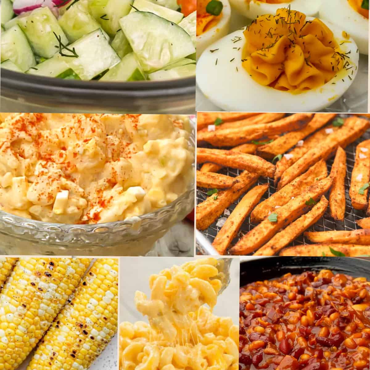 sides for burgers: pictured are sweet corn, potato salad, cucumber salad, deviled eggs, sweet potato fries, and baked beans.