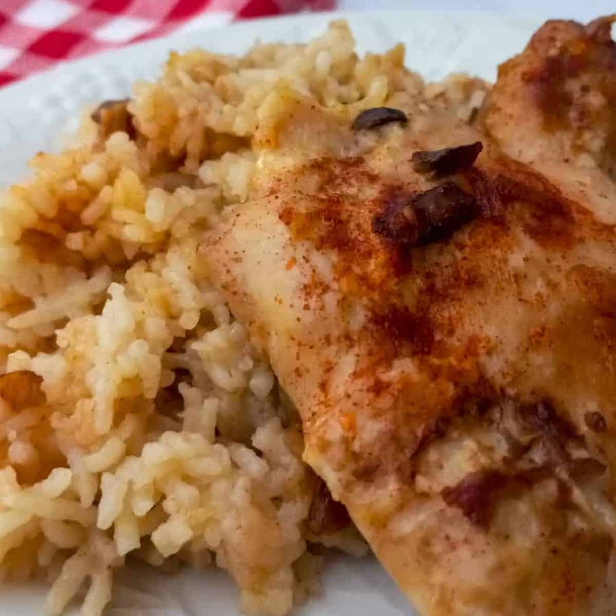 a plate with Amish chicken and rice casserole.