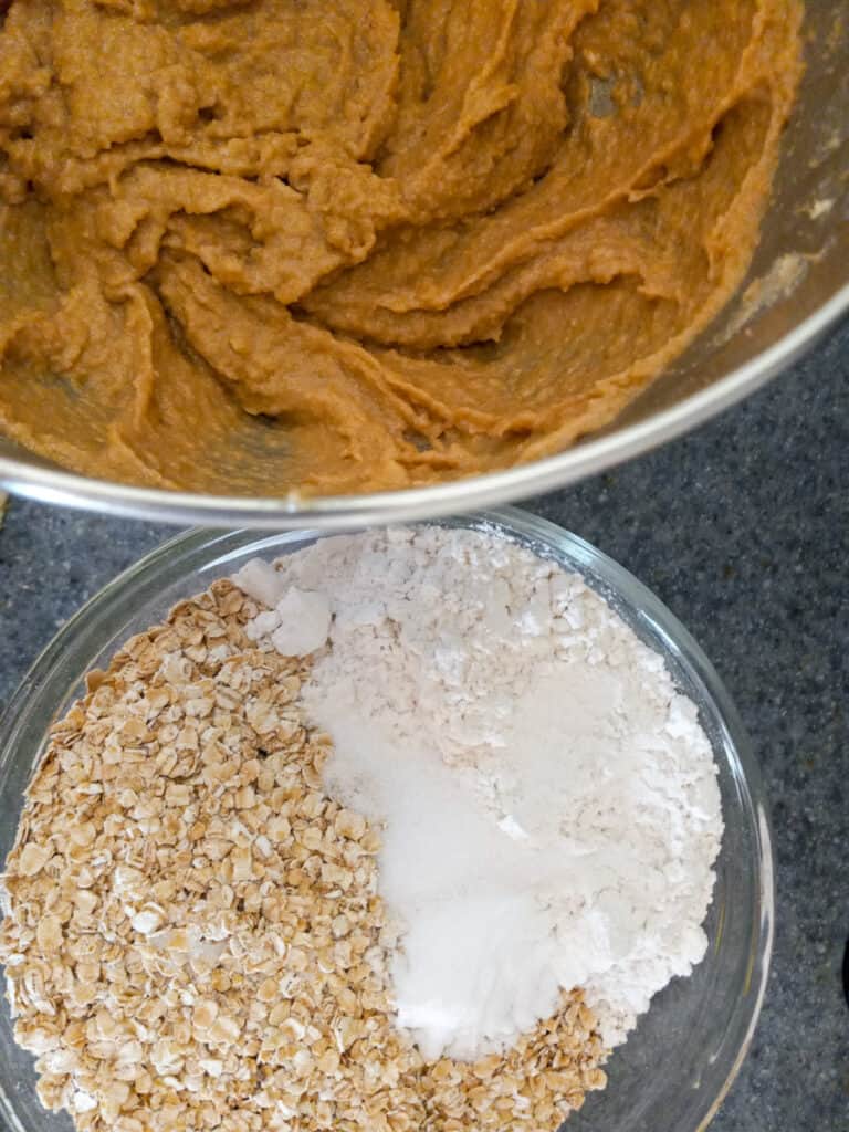 mixing the wet ingredients in a large bowl, and the dry ingredients in another bowl.