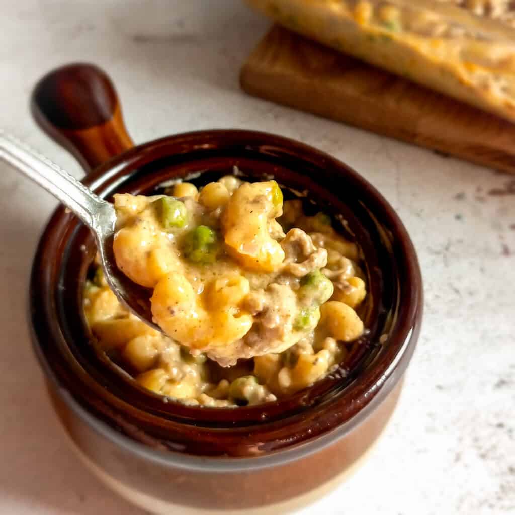 crock full of Amish no-boil pasta casserole.