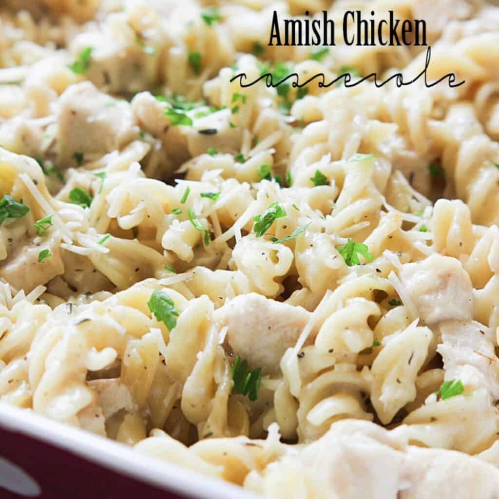 pasta and chicken casserole in large dish.