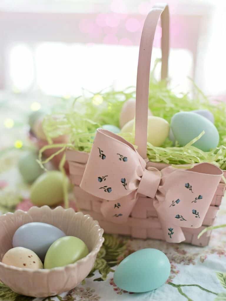 a beautiful pink Easter basket with eggs - Do the Amish celebrate Easter?