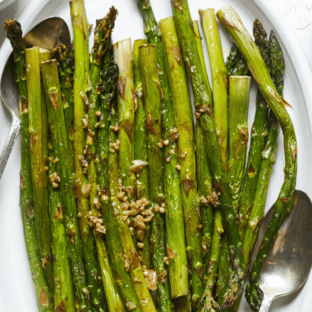 roasted asparagus on a plate.