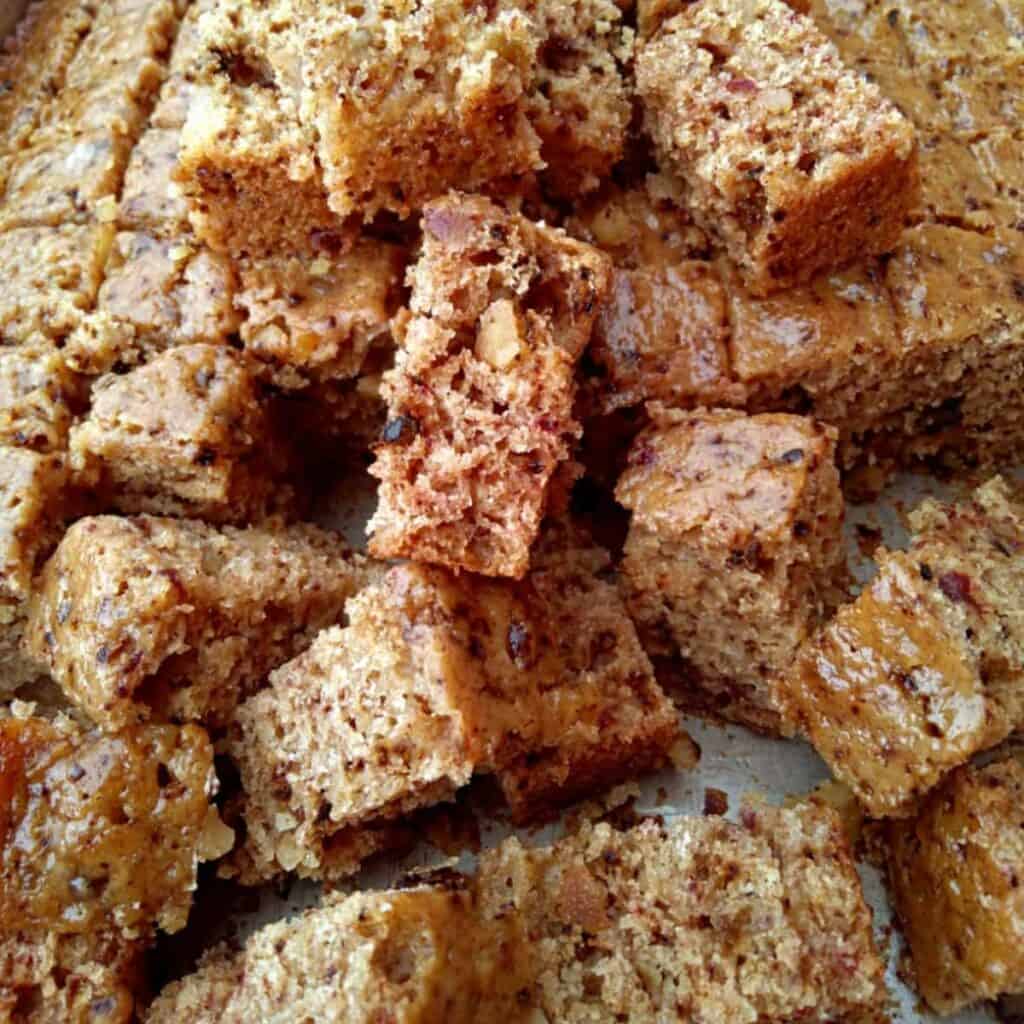 cut up date and walnut cake.