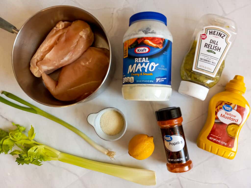 Ingredients: chicken breast, Mayo, mustard, pickle relish, paprika, lemon juice, sugar, celery, and green onion.