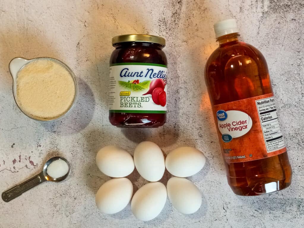 Ingredients: eggs, pickled beets, vinegar, sugar, and salt.