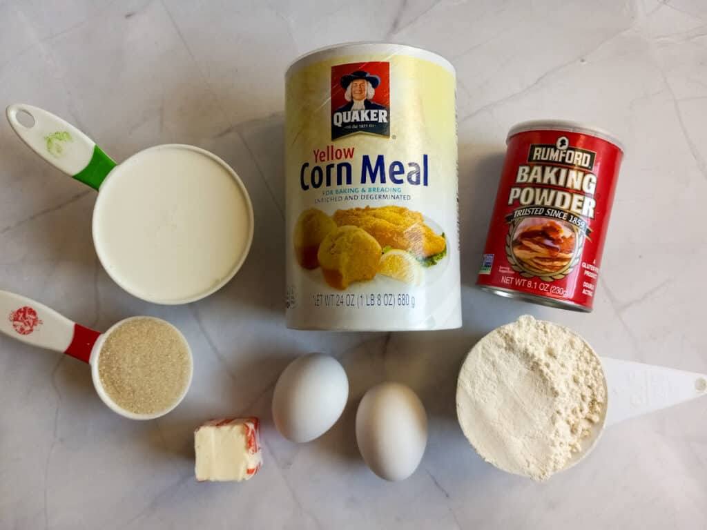 Ingredients: corn meal, flour, milk, eggs, sugar, butter, and baking powder.