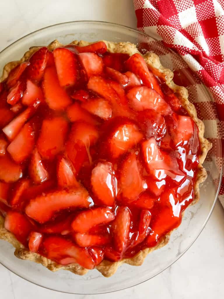 close-up of strawberry filling in the pie shell.
