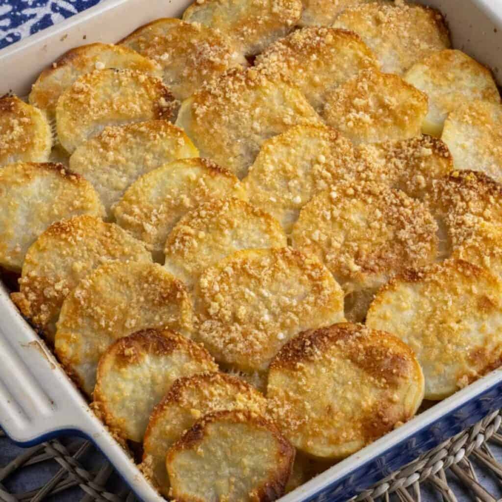 a 9" baking dish with roasted potatoes.