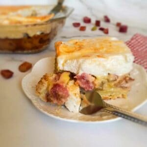 Rhubarb dessert on a small plate with the remaining pan full in the background.