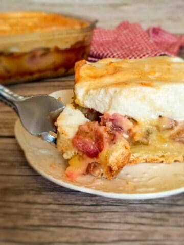a slice of Amish rhubarb dessert with meringue topping on a small plate with a fork in it.