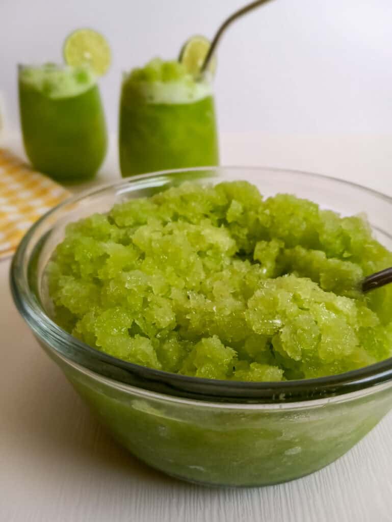 a bowl and two cups of chopped slush.