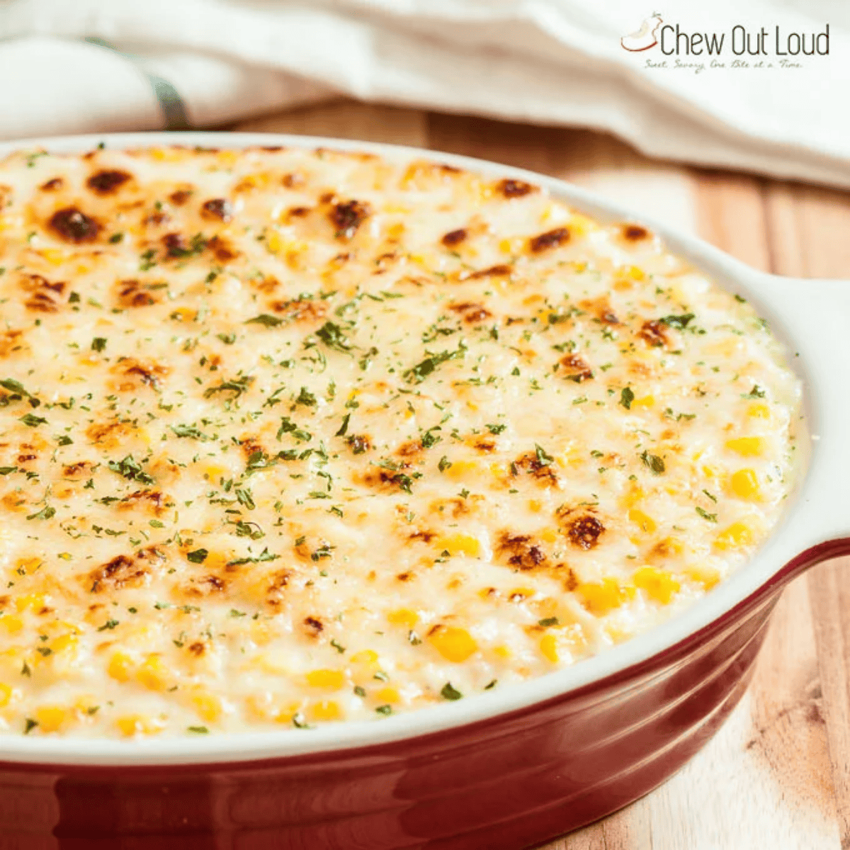 a casserole dish of baked creamed corn.