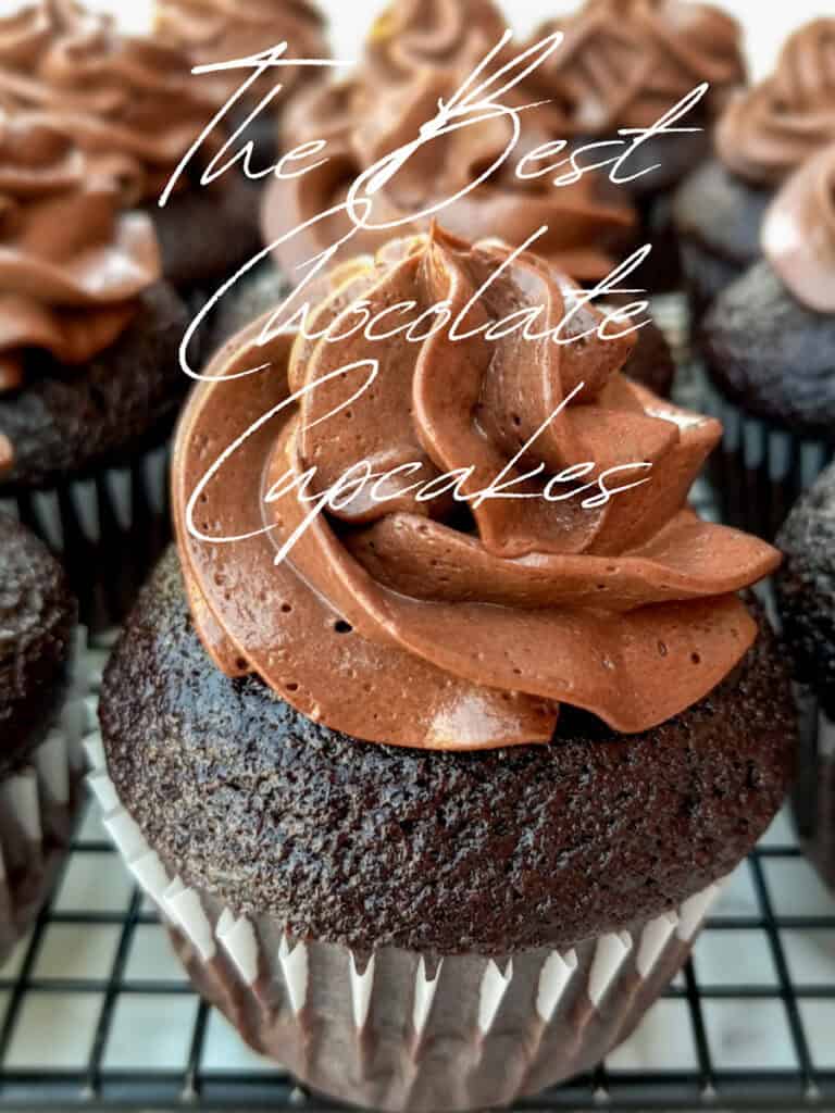 chocolate cupcakes topped with chocolate buttercream.