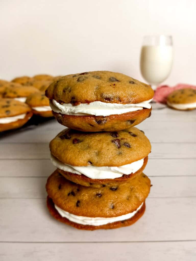 a stack of chocolate chip whoopie pies.