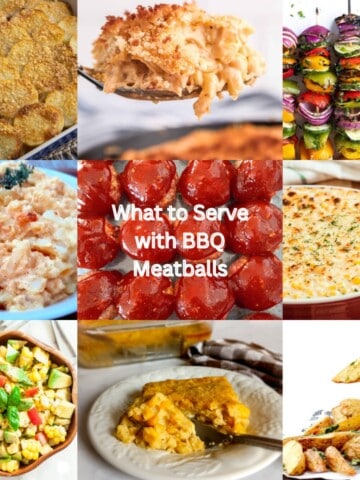 what to serve with BBQ meatballs: corn, veggie kabobs, mac and cheese, scalloped potatoes, salads, potato wedges, and baked potatoes.