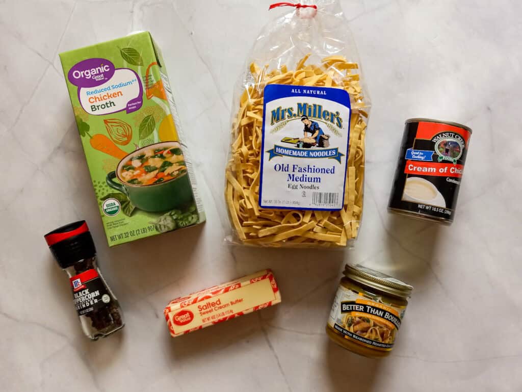 Ingredients: Amish noodles, chicken broth, bouillon, butter, cream of chicken, and black pepper.