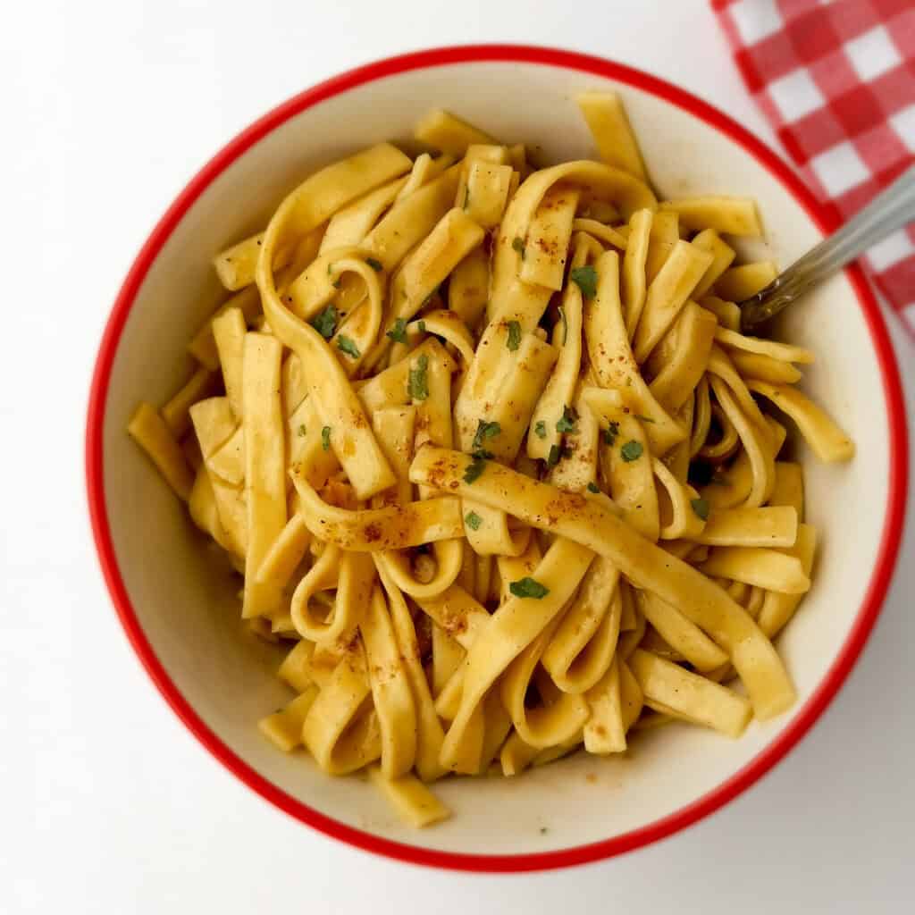 a bowl of Amish brown butter noodles.