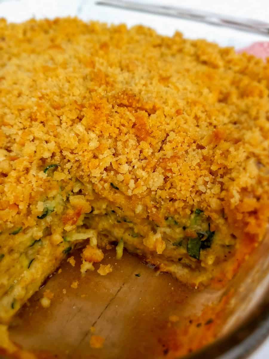 a slice taken out of the 9" casserole dish.