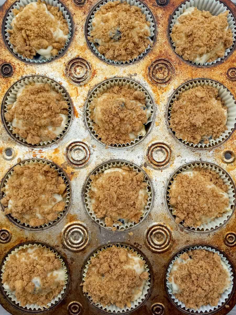 filled muffin tin, ready to bake.