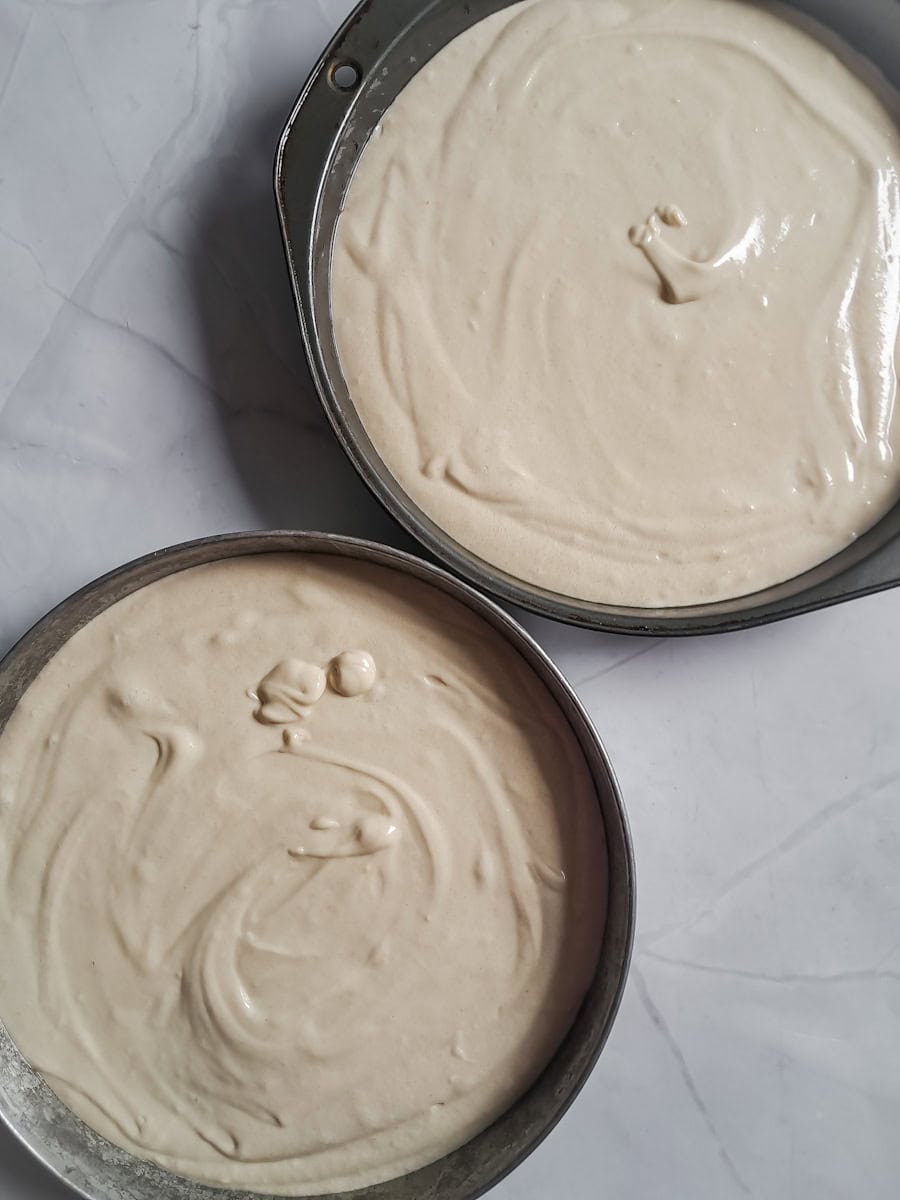 2 (9-inch) round pans with cake batter.