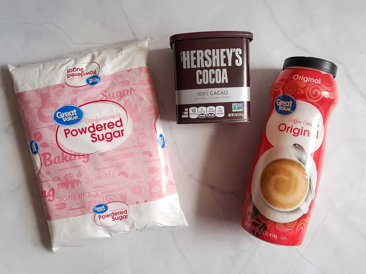 Ingredients: powdered sugar, cocoa powder, and powdered creamer.