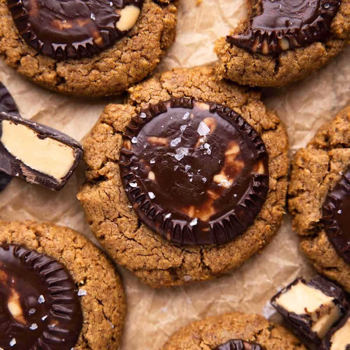 Peanut butter cookies without flour, topped with a melted peanut butter cup.