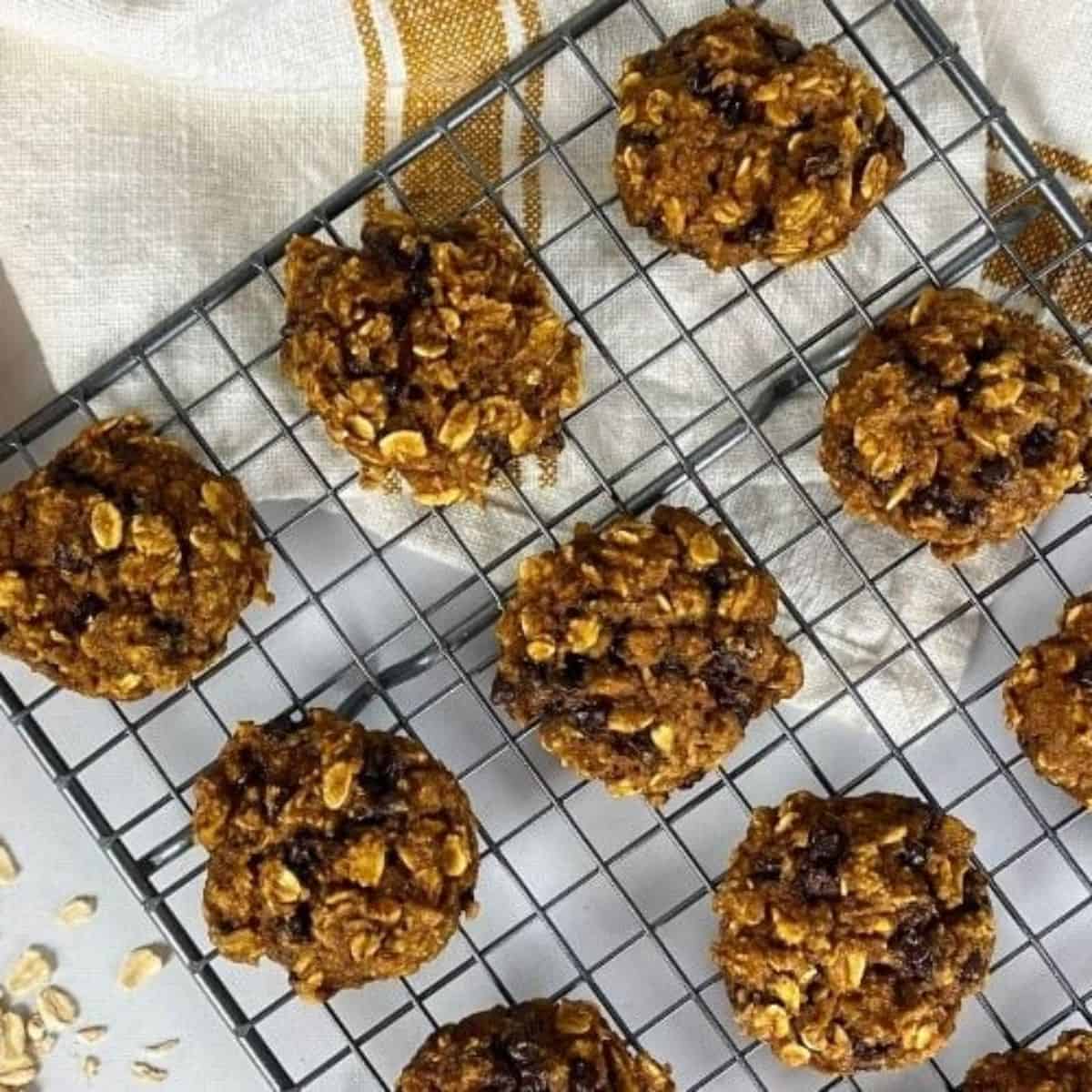 a wire rack with pumpkin oatmeal chocolate chip cookies.