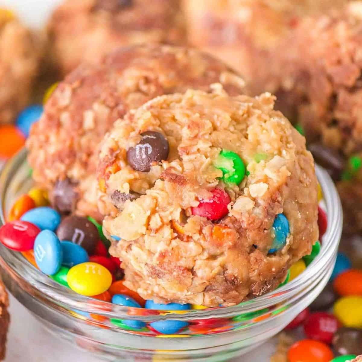 a bowl of no bake monster cookie balls.