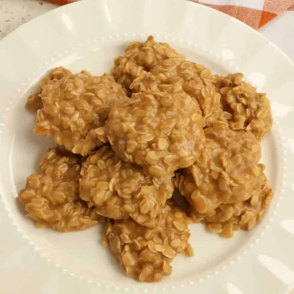 a plate of no bake peanut butter cookies.