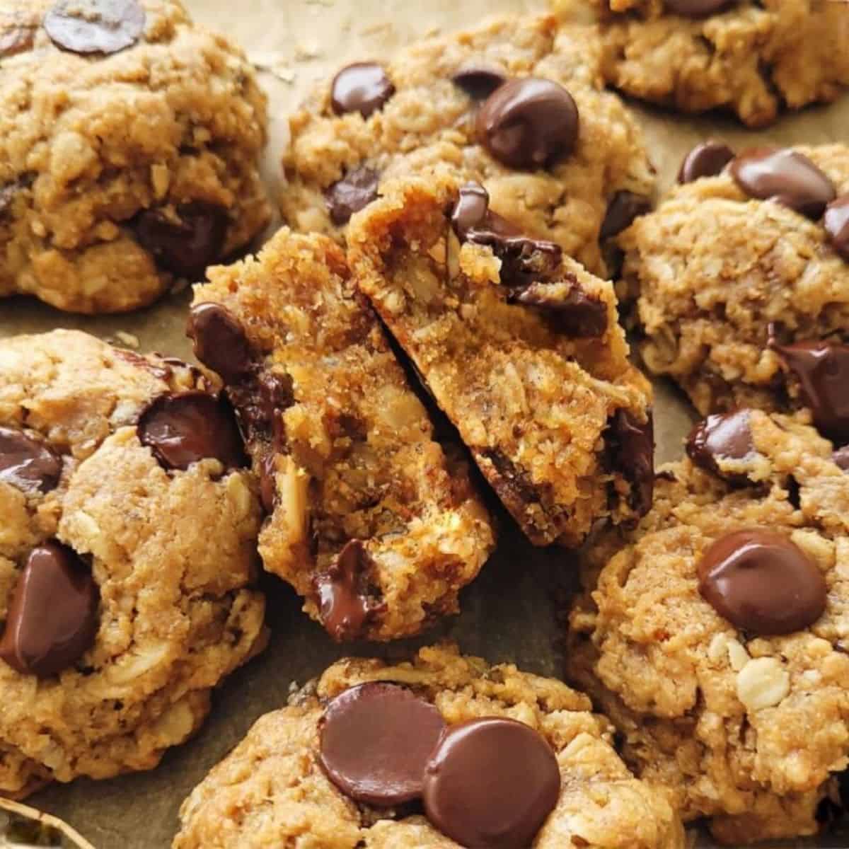 a bunch of peanut butter banana oatmeal cookies with chocolate chips.