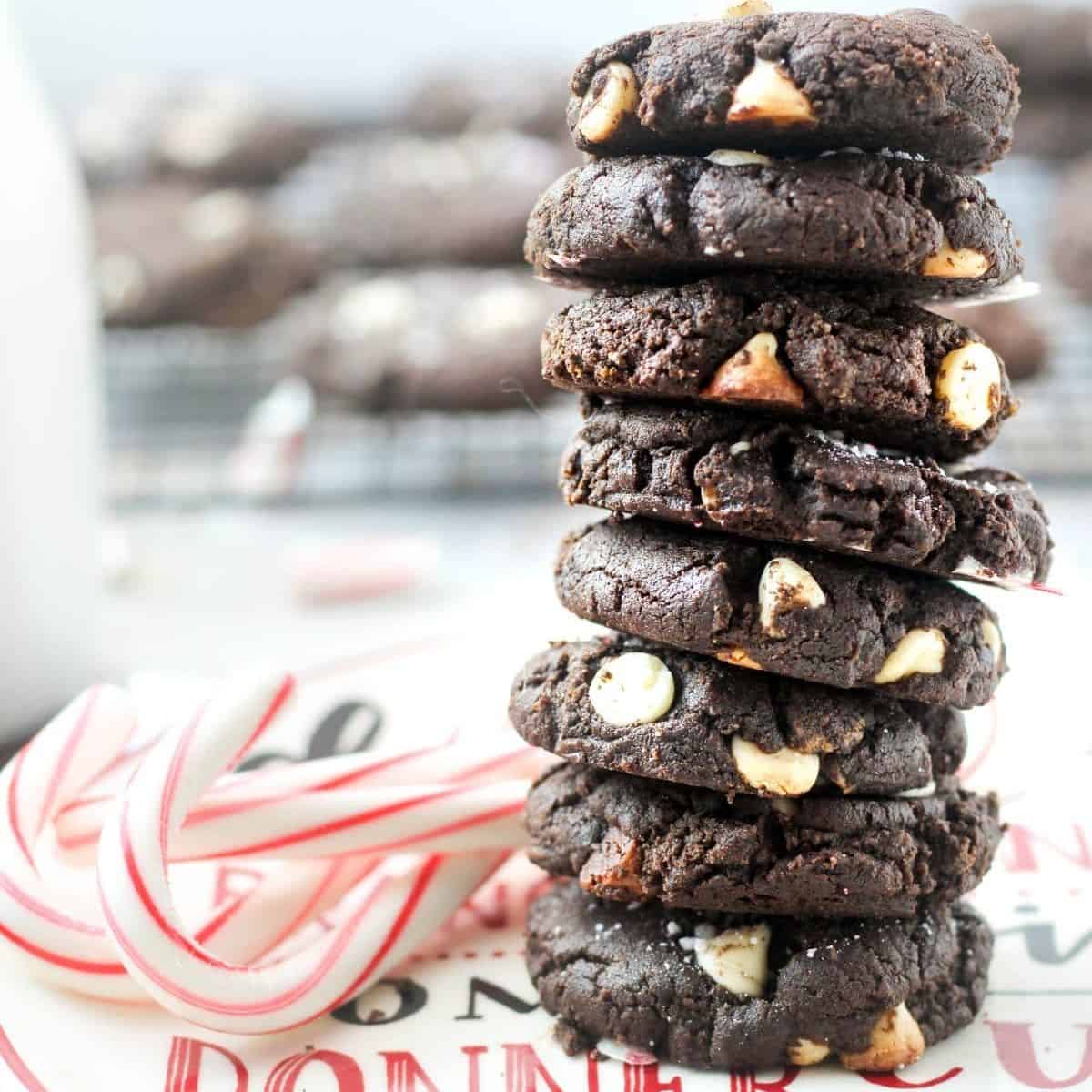 a tall stack of flourless chocolate peppermint cookies.