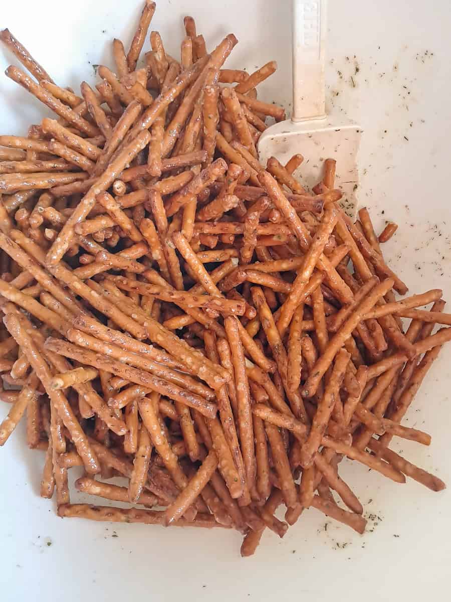 a bowl of seasoned pretzels.